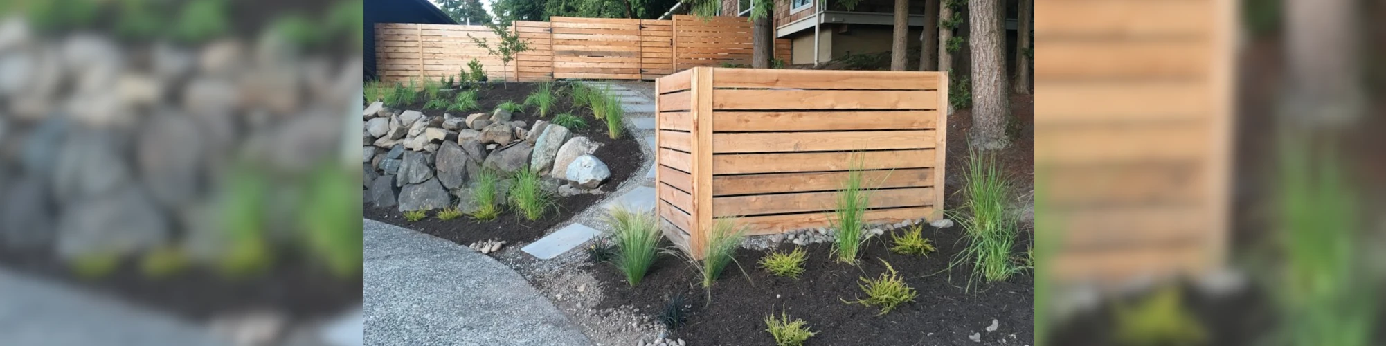 Wood Fence - Wood Screen Slope Plantings Rocks